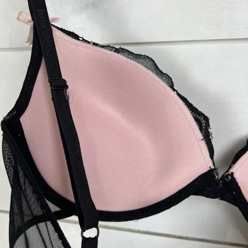 Betsey Johnson‎ Lace Push Up Padded Bra 34C Underwire Black